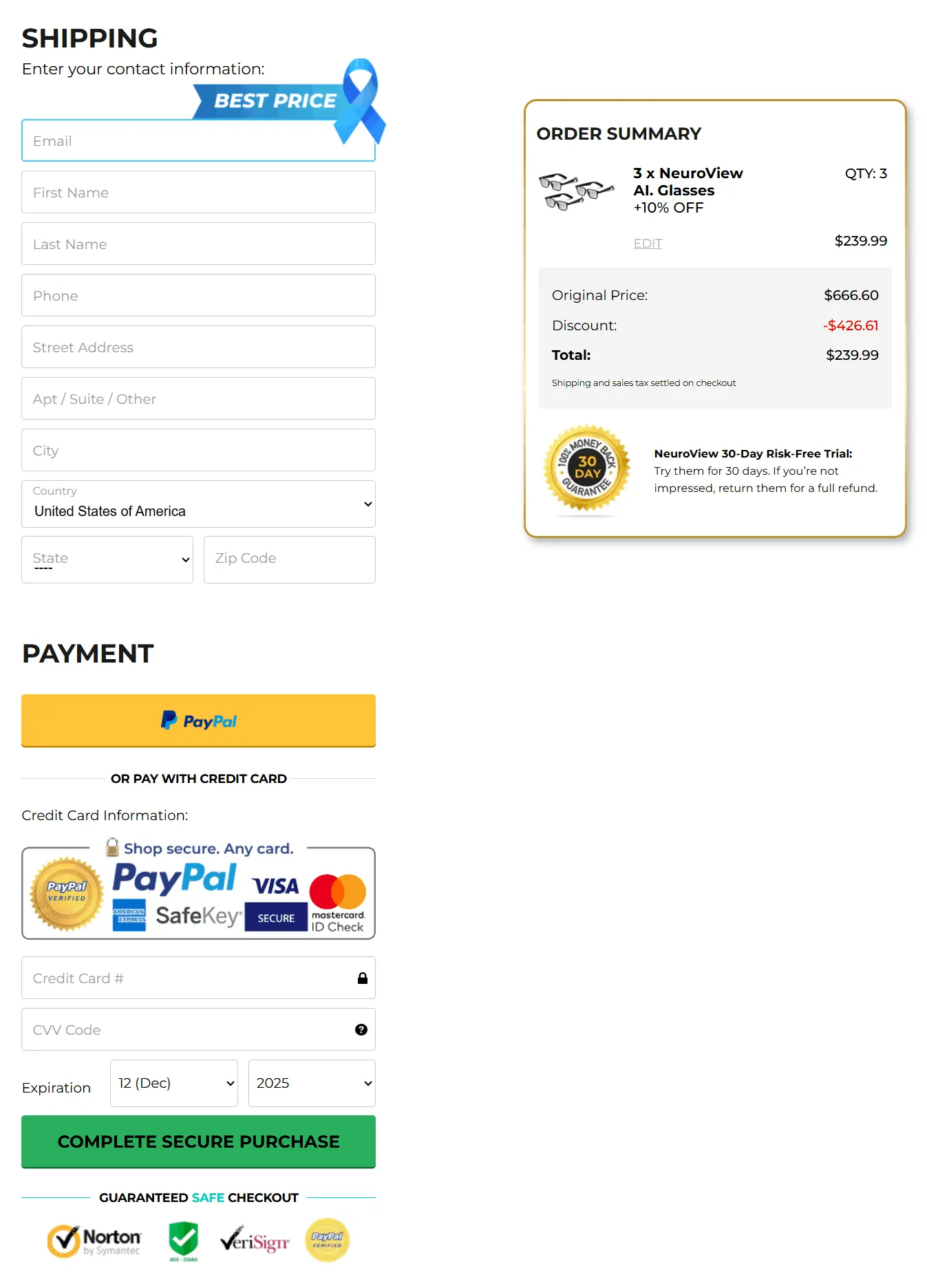 Neuroview Smart Glasses secure checkout page